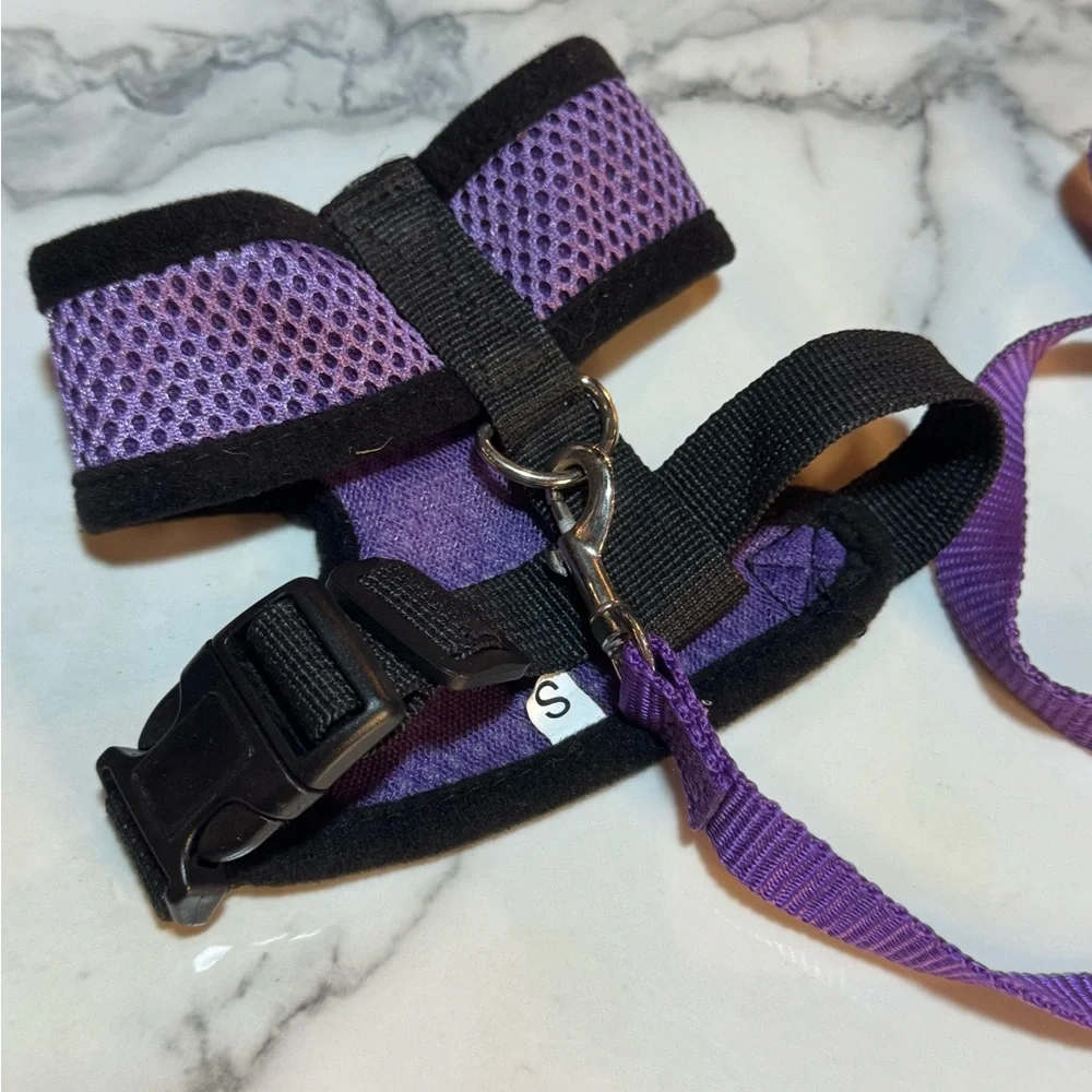 4/$15 Purple Mesh with Black Bow Pet Harness with Leash Size Small